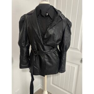 Coalition LA Vegan Leather Trench Coat Black‎ Puff Sleeve Belted Jacket